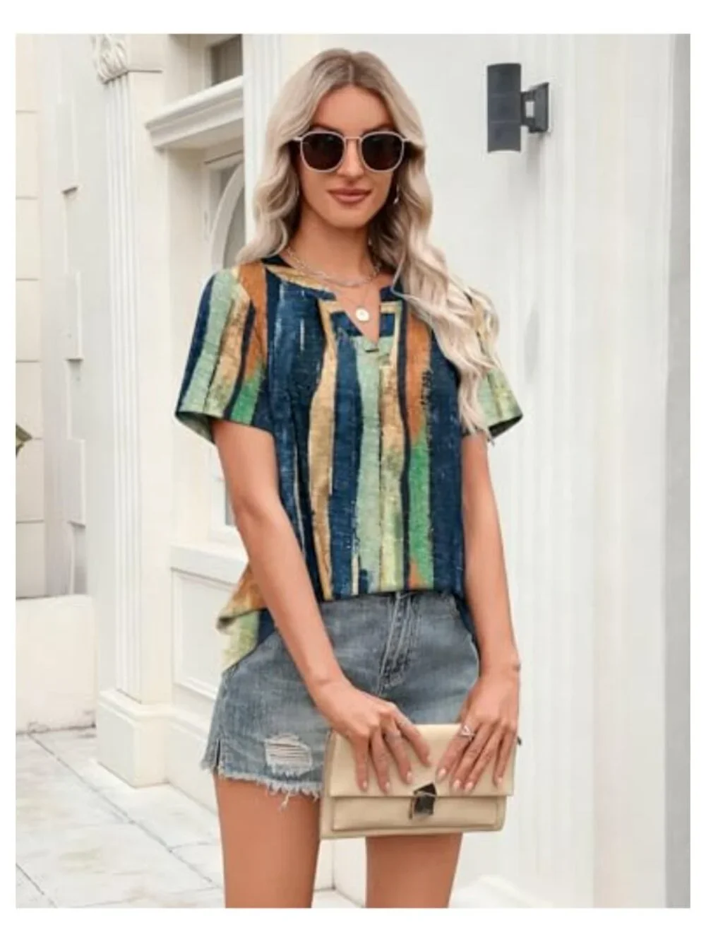 Women's Short Sleeve V-Neck Tunic Blouse High-Low Hem Loose Fit